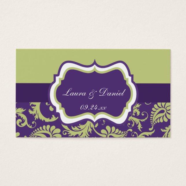 Purple, Green, and White Damask Wedding Favour Tag (Front)