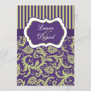 Purple, Green, and White Damask Wedding Invitation
