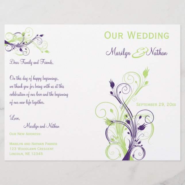 Purple, Green, and White Floral Wedding Program (Front)