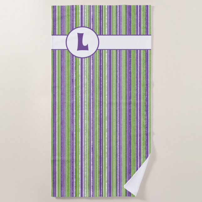 Purple, Green, and White Stripes Monogram Beach Towel (Front)