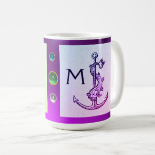 PURPLE GREEN ANTIQUE ANCHOR,FISH NAUTICAL Monogram Coffee Mug