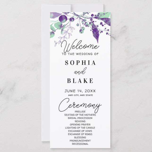 Purple & Green Berries & Greenery Wedding Program (Front)