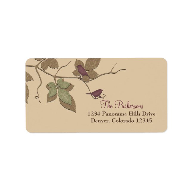 Purple Green Birds Leaves Fall Wedding Address Label (Front)