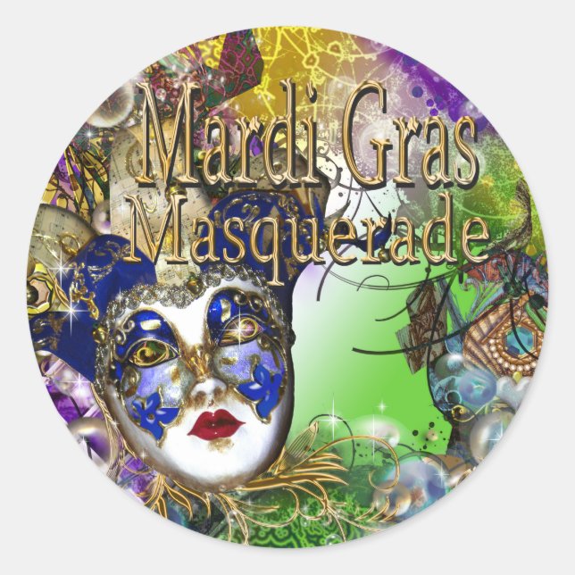 Purple green birthday masquerade mask classic round sticker (Front)