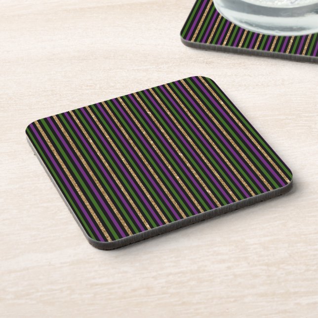 Purple, Green, Black, Faux Gold Stripes Mardi Gras Coaster (Left Side)