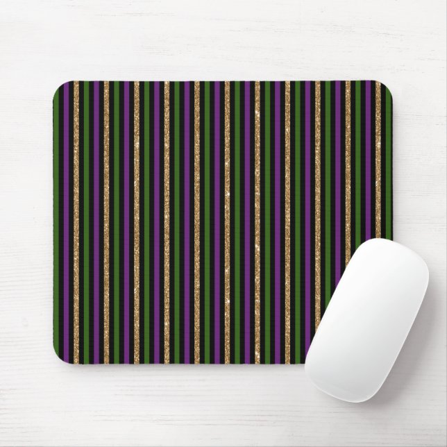 Purple, Green, Black, Faux Gold Stripes Mardi Gras Mouse Mat (With Mouse)