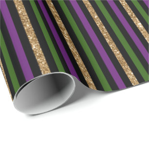 Purple, Green, Black, Faux Gold Stripes Mardi Gras Wrapping Paper