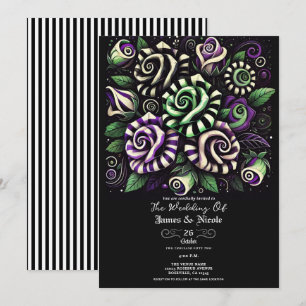 Purple Green Black Stripe Floral Halloween Wedding Invitation