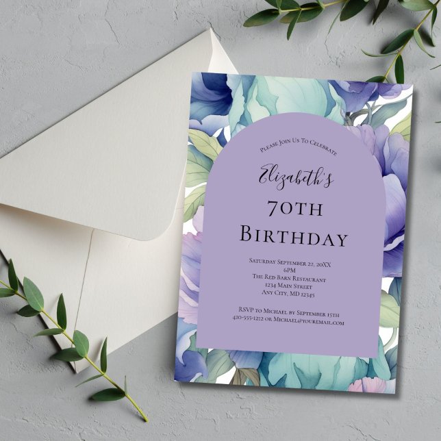 Purple Green Blue Floral 70th Birthday For Her Invitation (Purple Blue Green Watercolor Floral Arch 70th birthday ( or any year ) invitation. Printed or Digita)