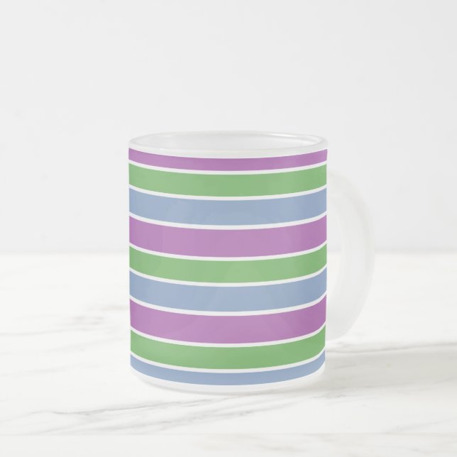 Purple Green Blue Striped Frosted Glass Coffee Mug (Front Right)