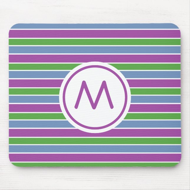 Purple Green Blue Striped Monogram Mouse Mat (Front)