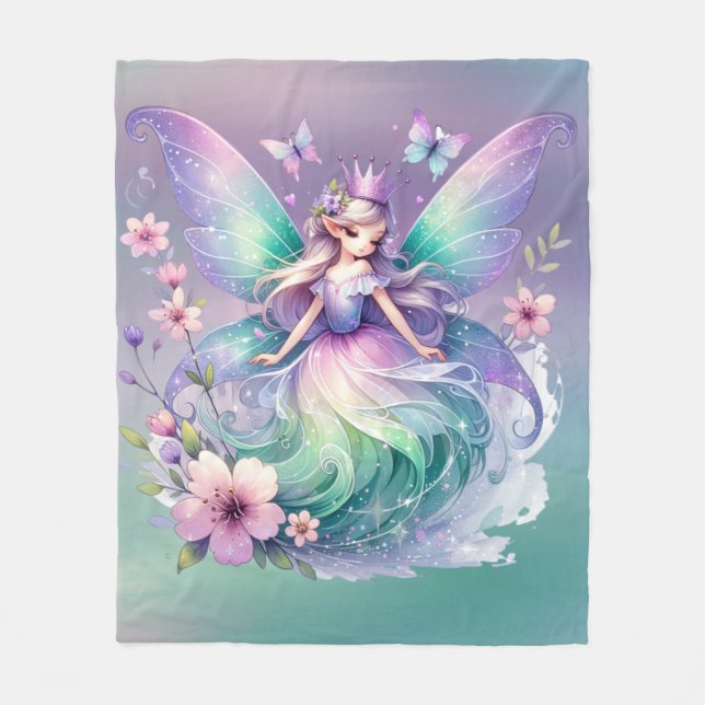 Purple Green Butterfly Fairy Princess Girls Fleece Blanket (Front)