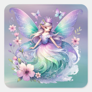 Purple Green Butterfly Fairy Princess Girls Square Sticker