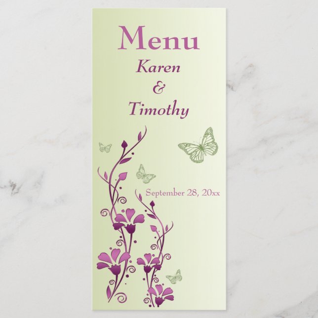 Purple, Green Butterfly Floral Wedding Menu Card (Front)