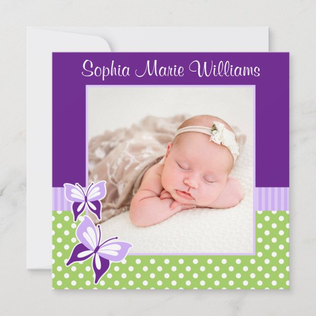 Purple Green Butterfly Photo Birth Announcement (Front)