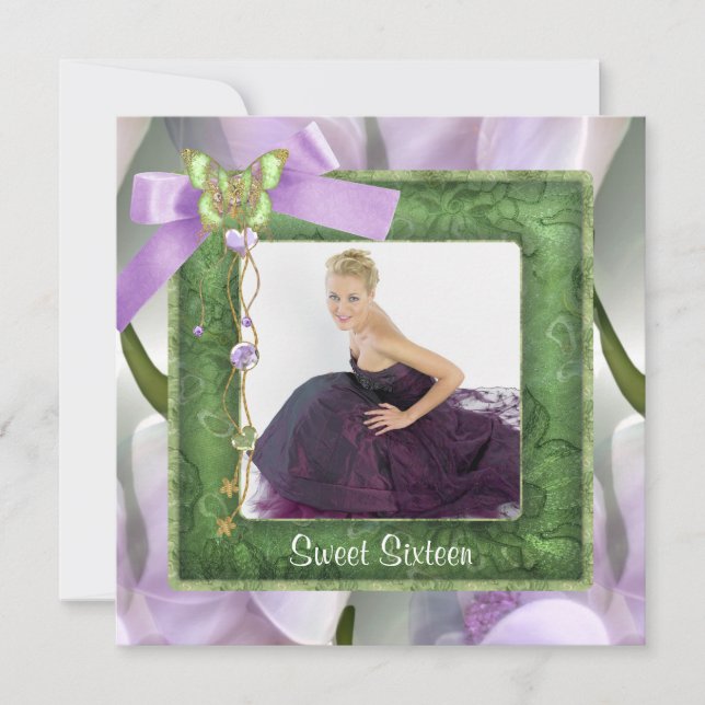 Purple Green Butterfly Photo Sweet 16 Party Invitation (Front)