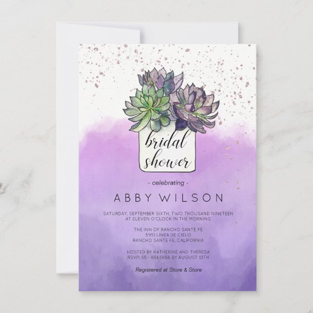 Purple Green Cactus Succulent Bridal Shower Invitation (Front)