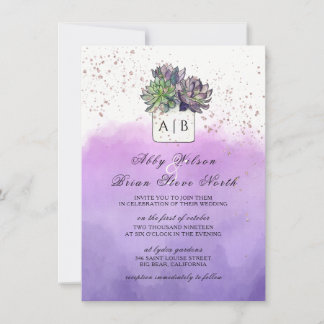 Purple Green Cactus Succulent Monogram Wedding Invitation