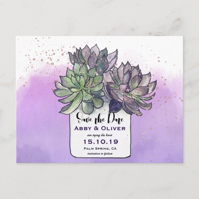 Purple Green Cactus Succulent Photo Save The Date Announcement Postcard (Front)