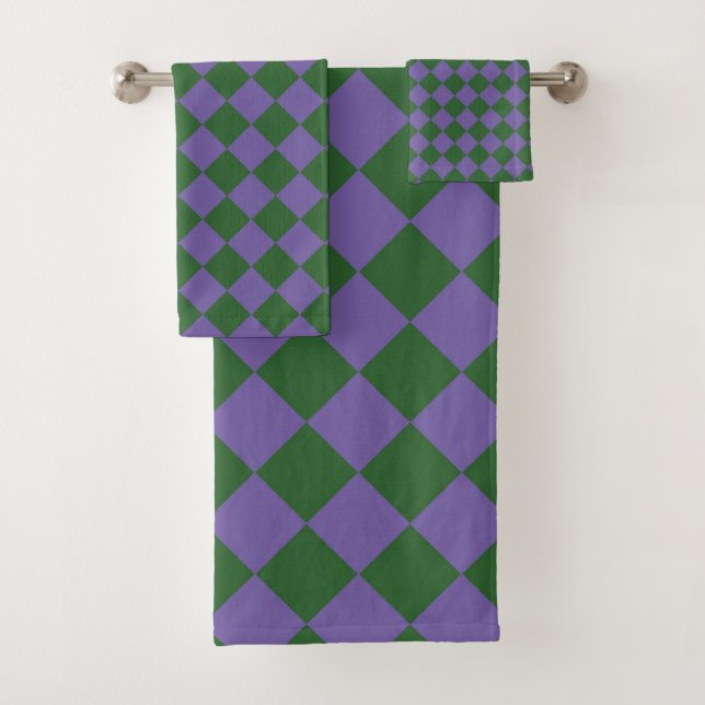Purple Green Chequered Diamond Pattern  Bath Towel Set (Insitu)