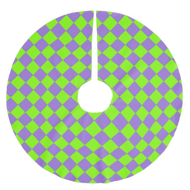 Purple Green Chequered Diamond Pattern Brushed Polyester Tree Skirt (Front)