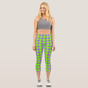 Purple Green Chequered Diamond Pattern Capri Leggings