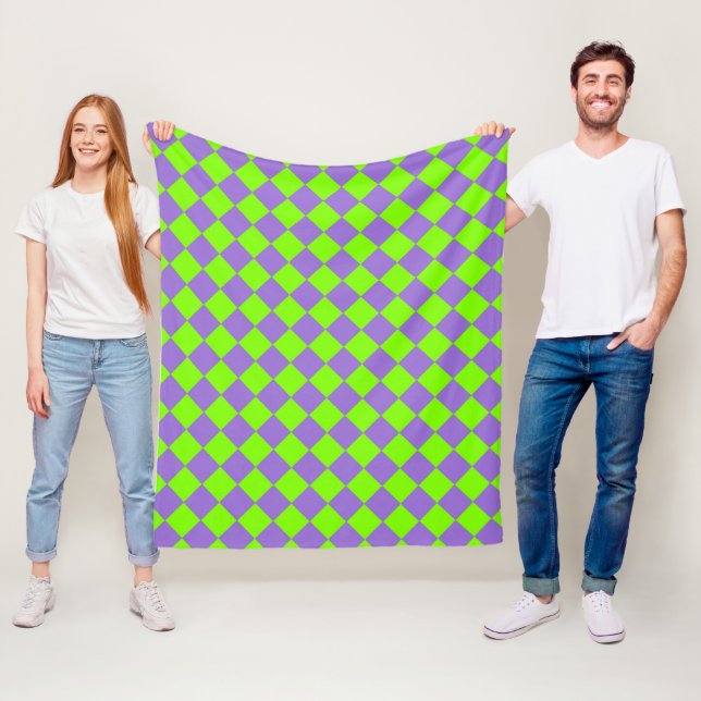 Purple Green Chequered Diamond Pattern Fleece Blanket (In Situ)