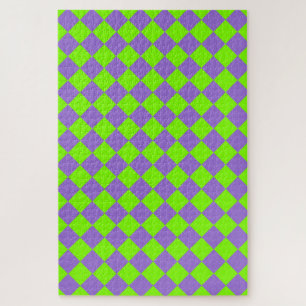 Purple Green Chequered Diamond Pattern Jigsaw Puzzle