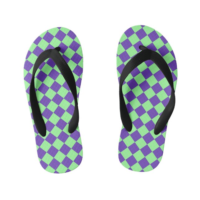 Purple Green Chequered Diamond Pattern  Kid's Flip Flops (Footbed)