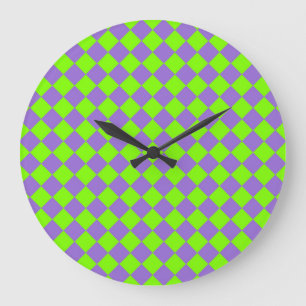 Purple Green Chequered Diamond Pattern Large Clock