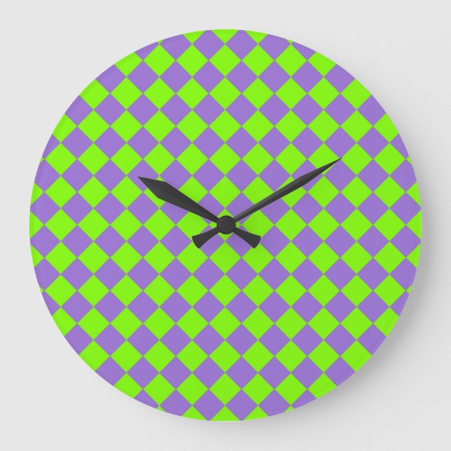 Purple Green Chequered Diamond Pattern Large Clock (Front)