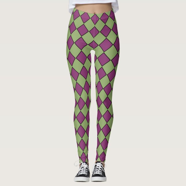 Purple Green Chequered Diamond Pattern Leggings (Front)