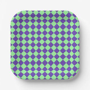 Purple Green Chequered Diamond Pattern Paper Plate