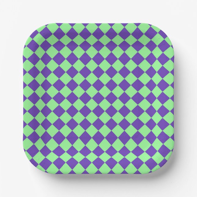 Purple Green Chequered Diamond Pattern Paper Plate (Front)