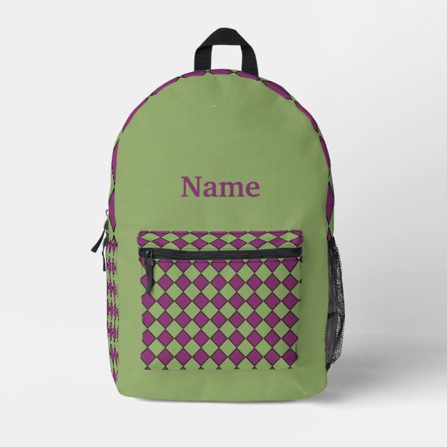 Purple Green Chequered Diamond Pattern Printed Backpack (Front)