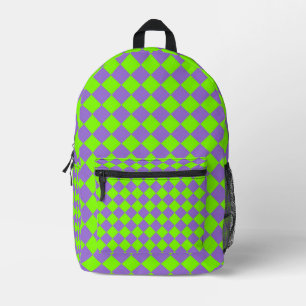 Purple Green Chequered Diamond Pattern Printed Backpack