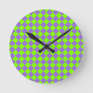 Purple Green Chequered Diamond Pattern Round Clock