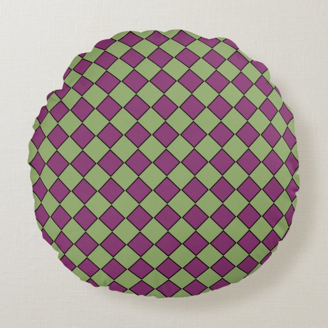 Purple Green Chequered Diamond Pattern Round Cushion (Front)