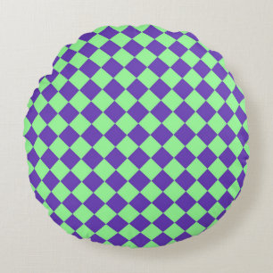 Purple Green Chequered Diamond Pattern Round Cushion
