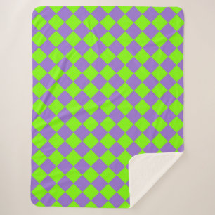 Purple Green Chequered Diamond Pattern Sherpa Blanket
