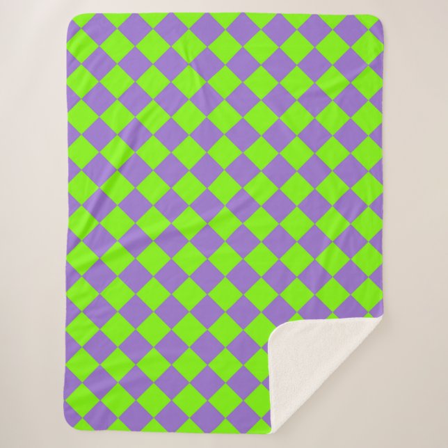 Purple Green Chequered Diamond Pattern Sherpa Blanket (Front)