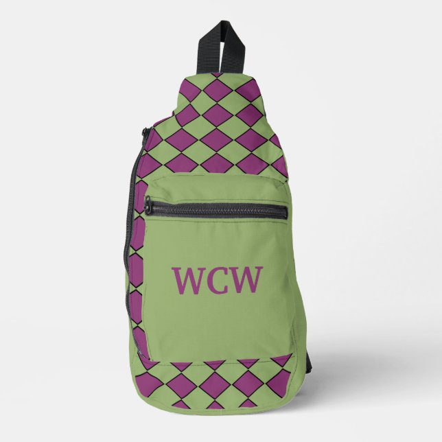 Purple Green Chequered Diamond Pattern Sling Bag (Front)