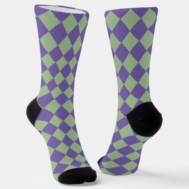 Purple Green Chequered Diamond Pattern Socks (Angled)
