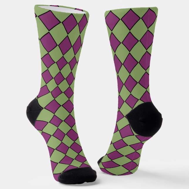 Purple Green Chequered Diamond Pattern Socks (Angled)