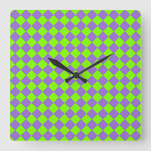 Purple Green Chequered Diamond Pattern Square Wall Clock