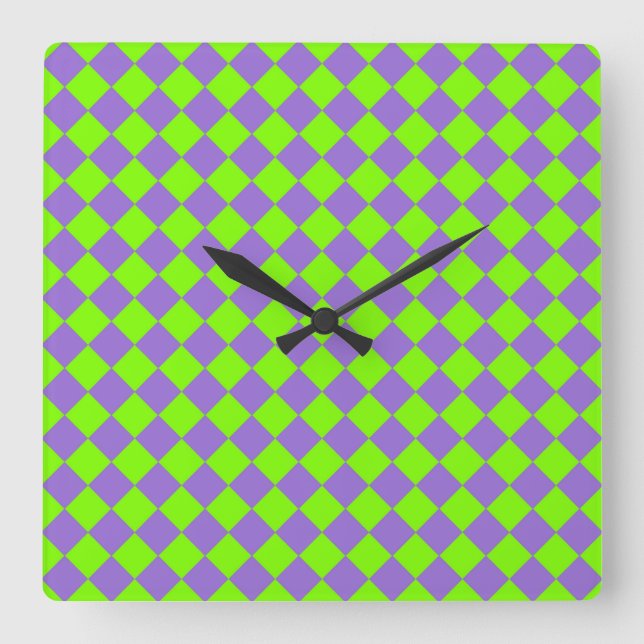 Purple Green Chequered Diamond Pattern Square Wall Clock (Front)