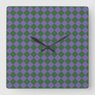 Purple Green Chequered Diamond Pattern Square Wall Clock