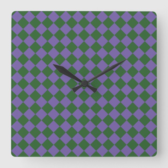 Purple Green Chequered Diamond Pattern Square Wall Clock (Front)