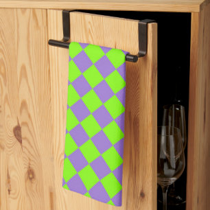 Purple Green Chequered Diamond Pattern Tea Towel