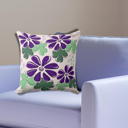 Purple & Green Clover & Flower Doodle Cushion